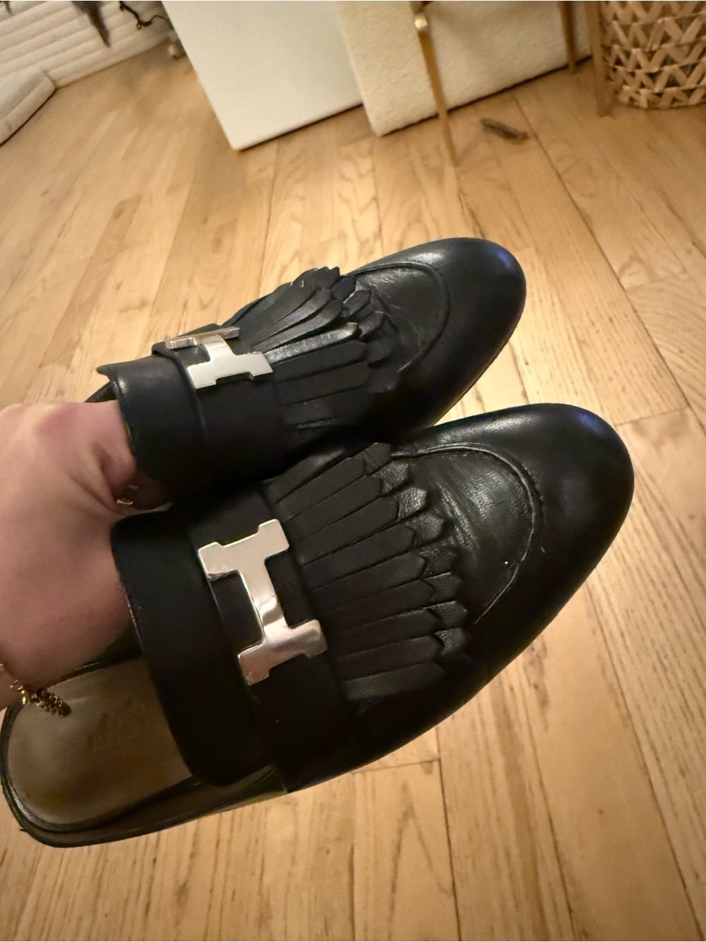 Hermes Black Leather Fringe Loafers with Silver Hardware - Picture 4 of 8